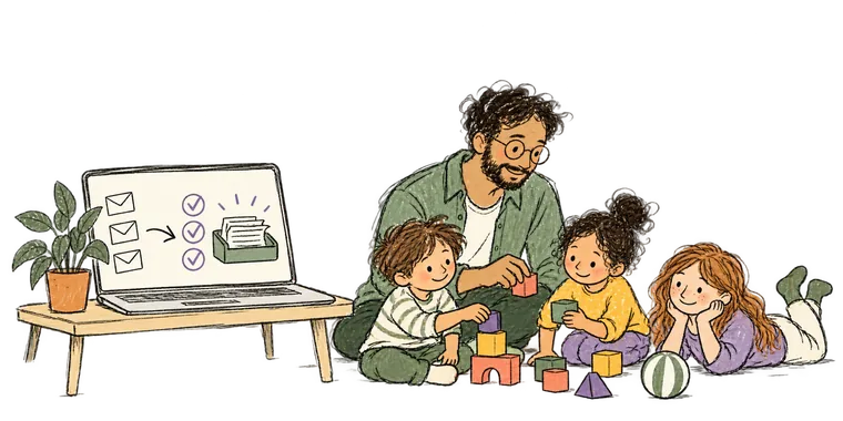 Un profesional juega con tres niños mientras un portátil organiza correos y documentos automáticamente