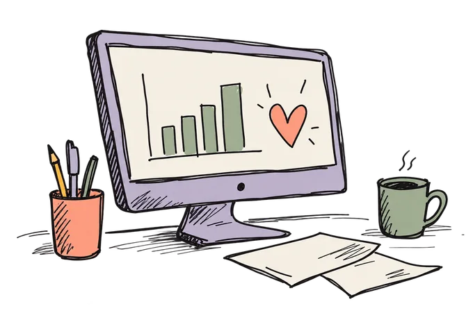 Un monitor con un gráfico y un corazón, papeles y material de trabajo